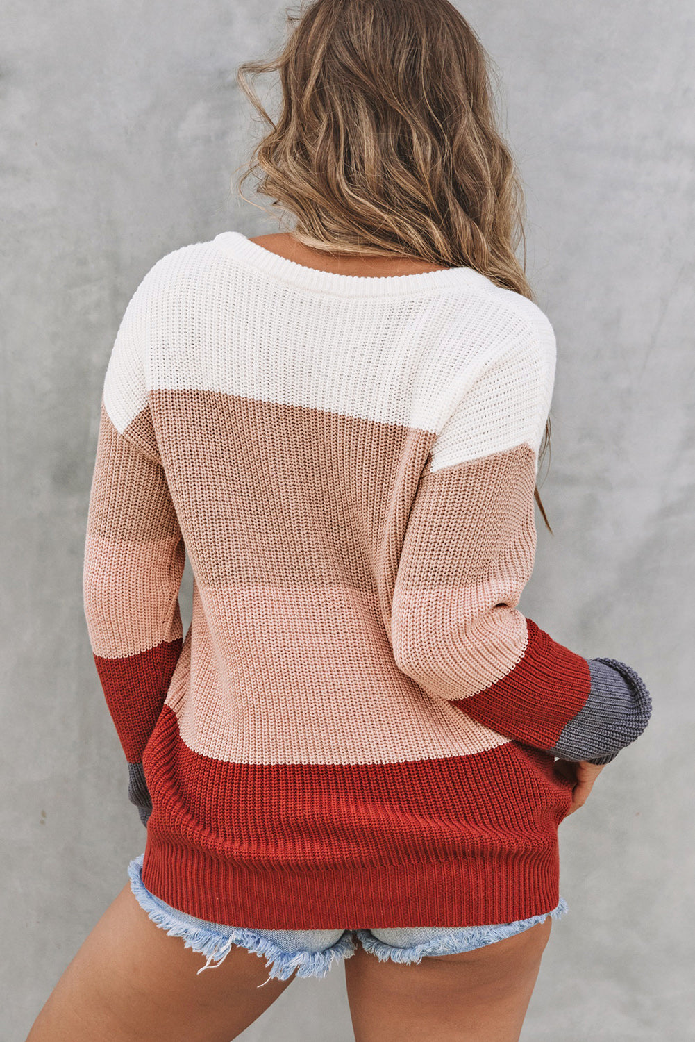 Parchment Color Block Knitted O-neck Pullover Sweater