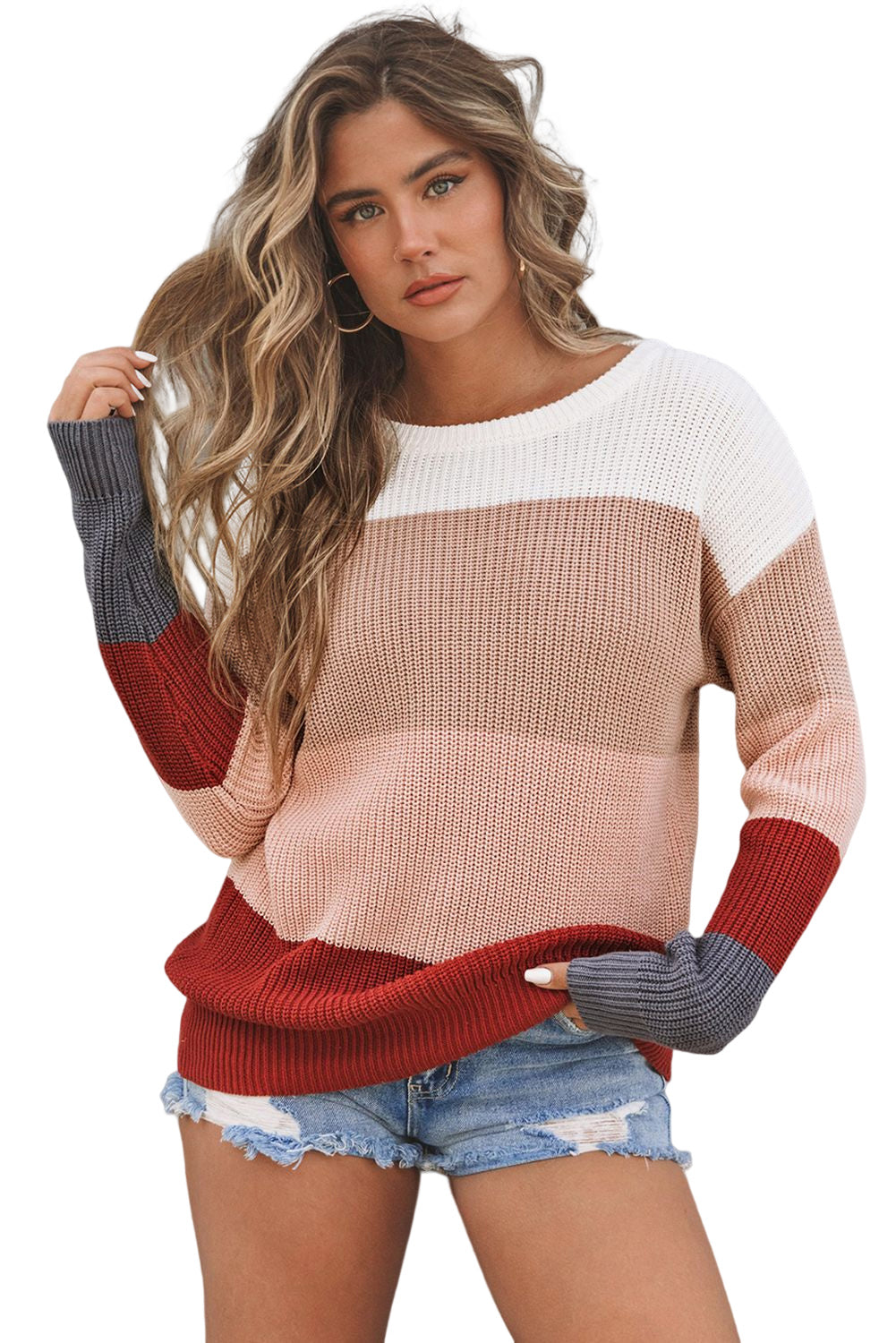 Parchment Color Block Knitted O-neck Pullover Sweater