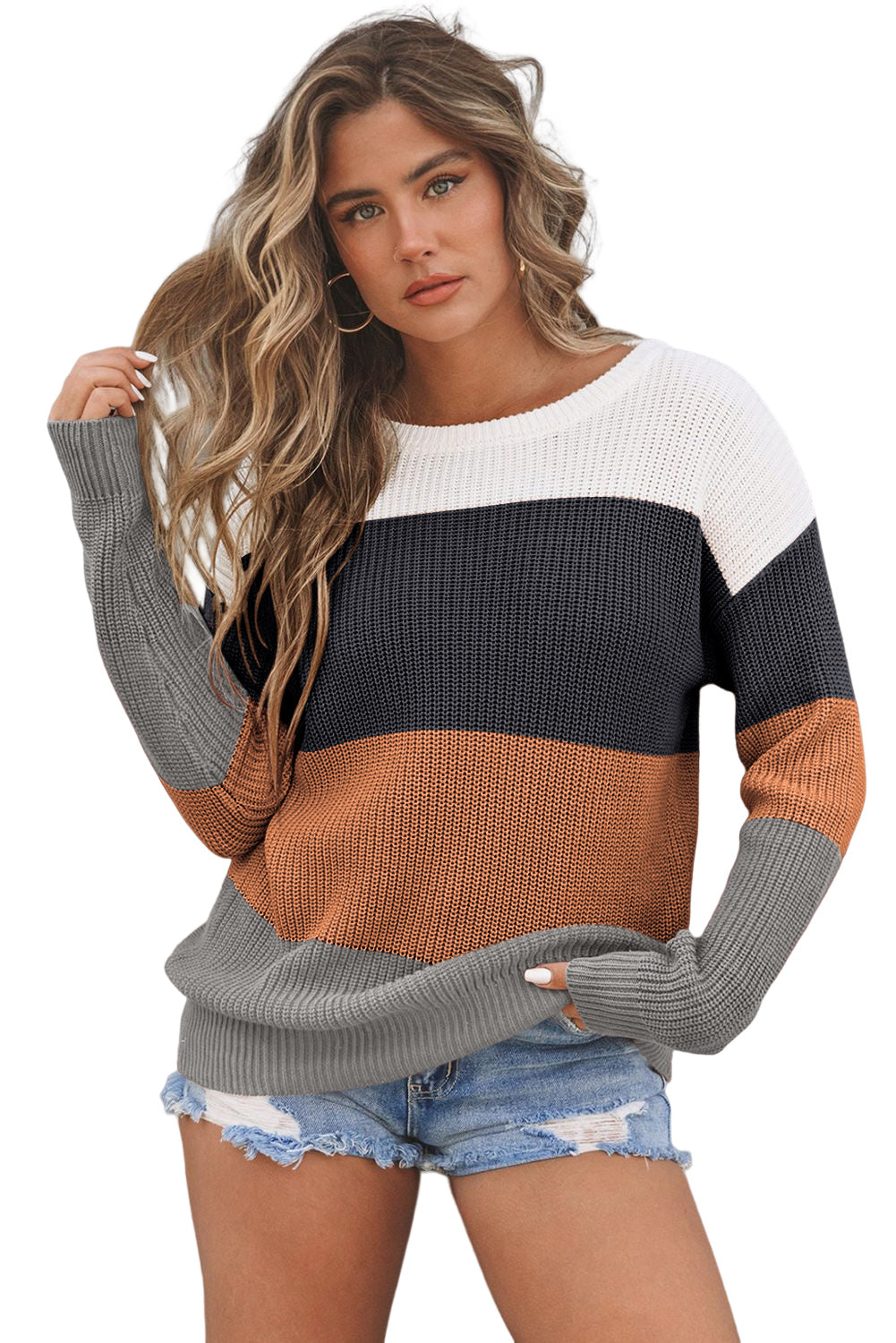 Parchment Color Block Knitted O-neck Pullover Sweater