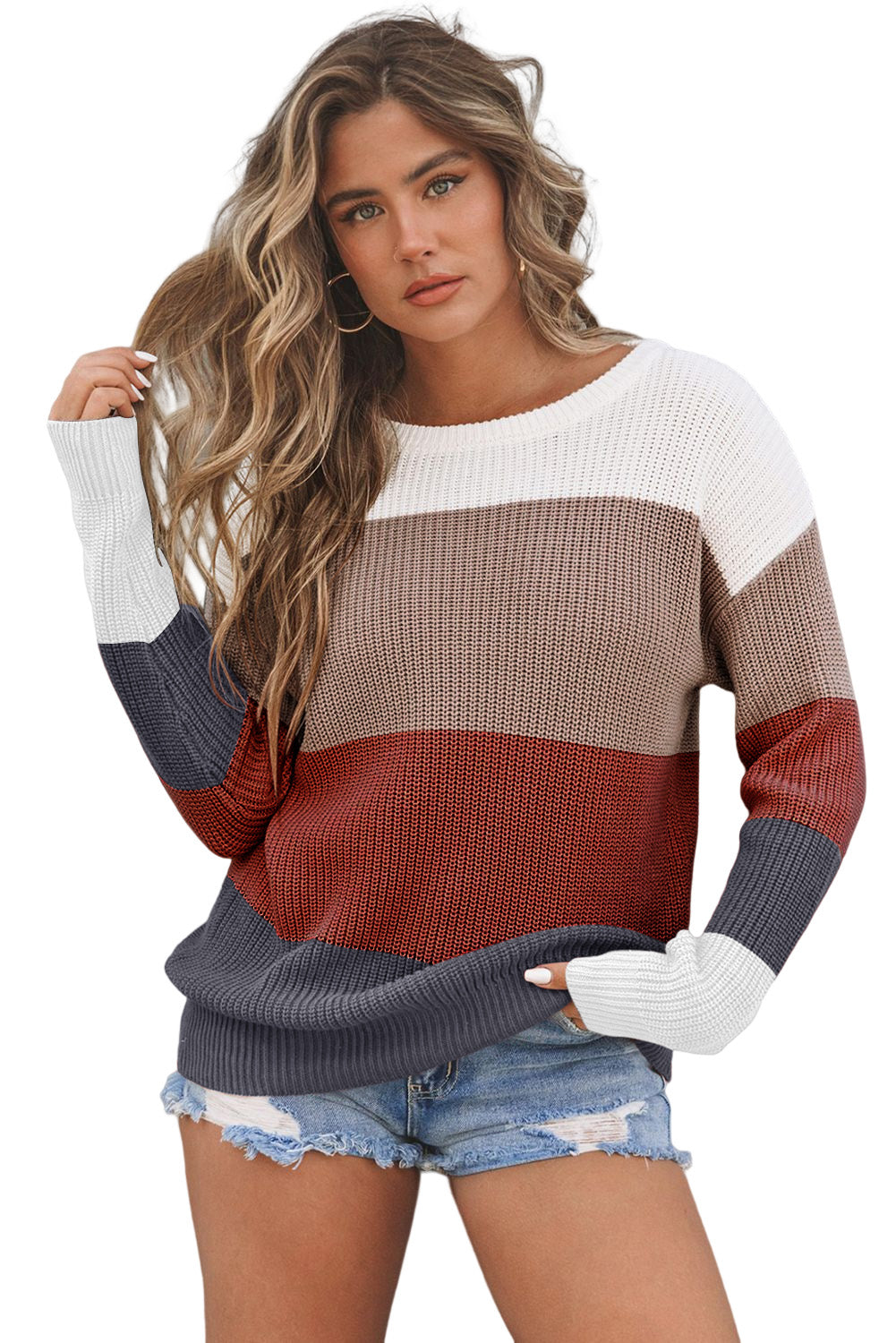 Parchment Color Block Knitted O-neck Pullover Sweater