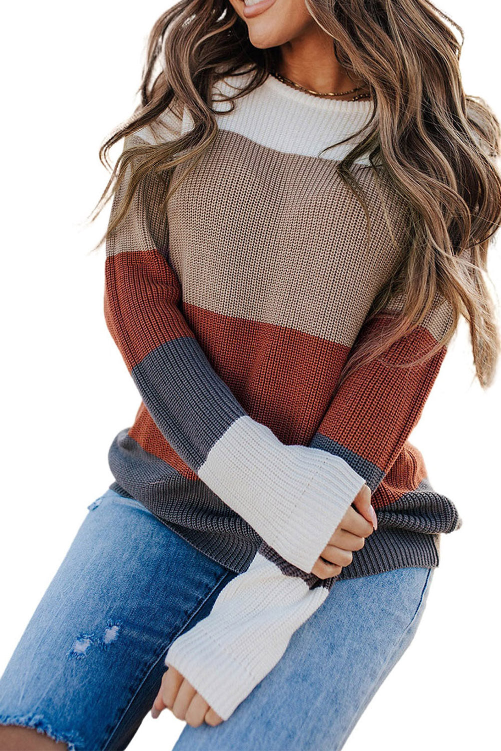 Parchment Color Block Knitted O-neck Pullover Sweater