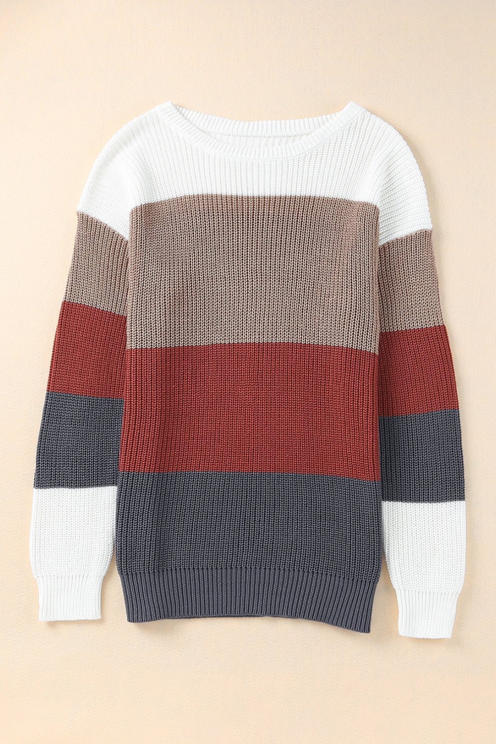 Parchment Color Block Knitted O-neck Pullover Sweater