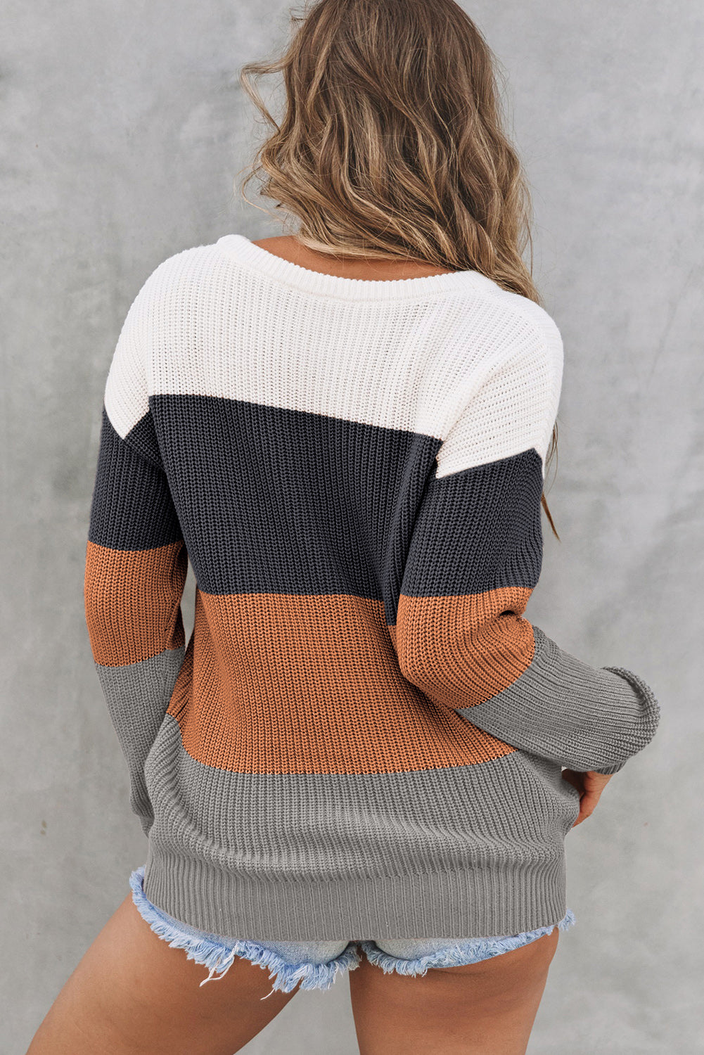 Parchment Color Block Knitted O-neck Pullover Sweater