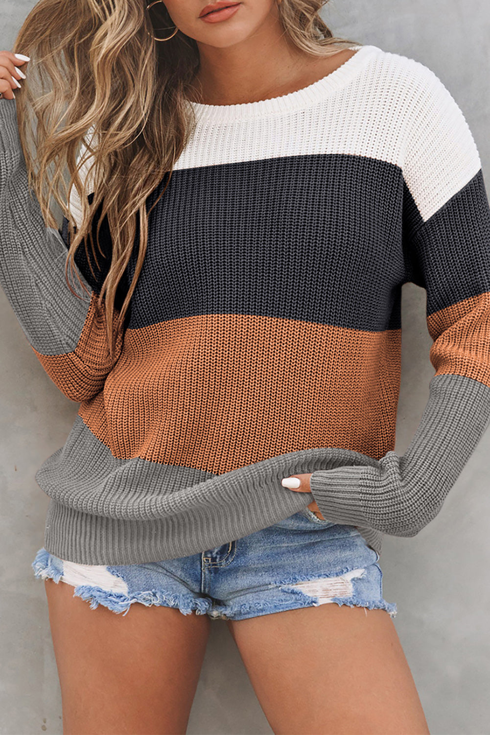 Parchment Color Block Knitted O-neck Pullover Sweater