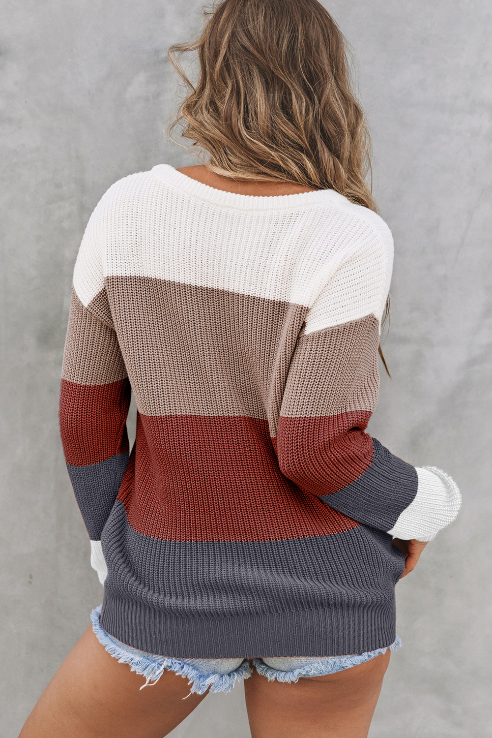 Parchment Color Block Knitted O-neck Pullover Sweater