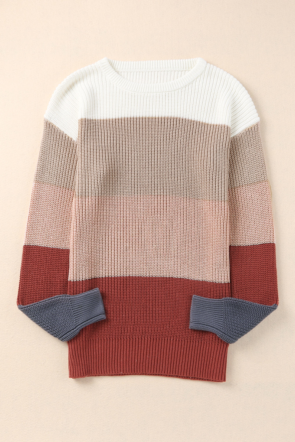 Parchment Color Block Knitted O-neck Pullover Sweater