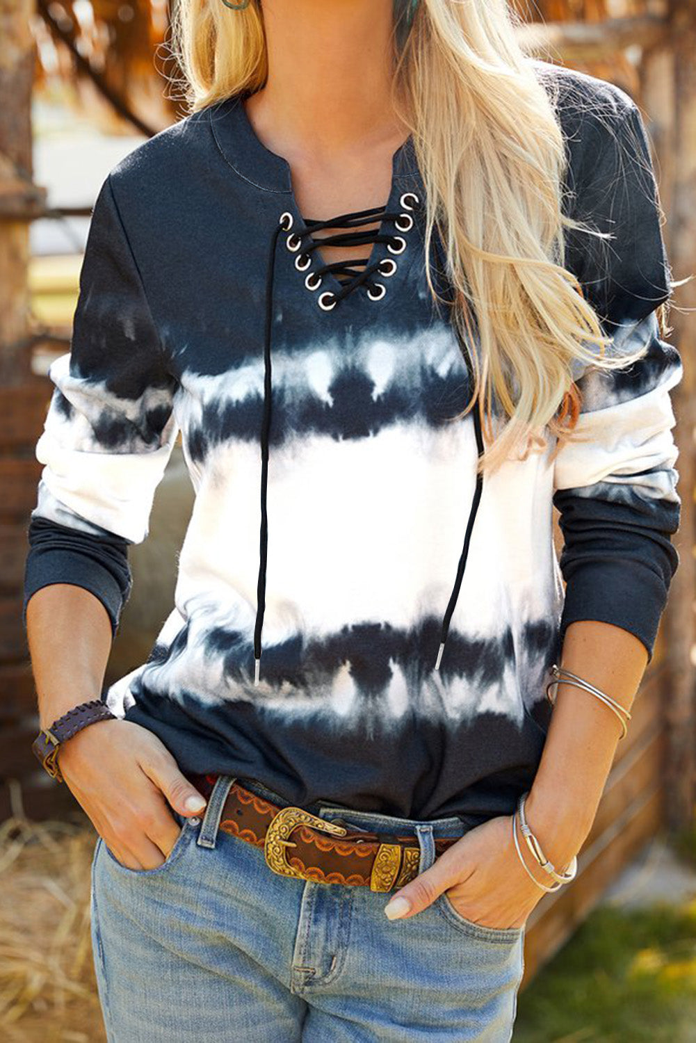 Blue Tie Dye Lace Up V-Neck Long Sleeve Top