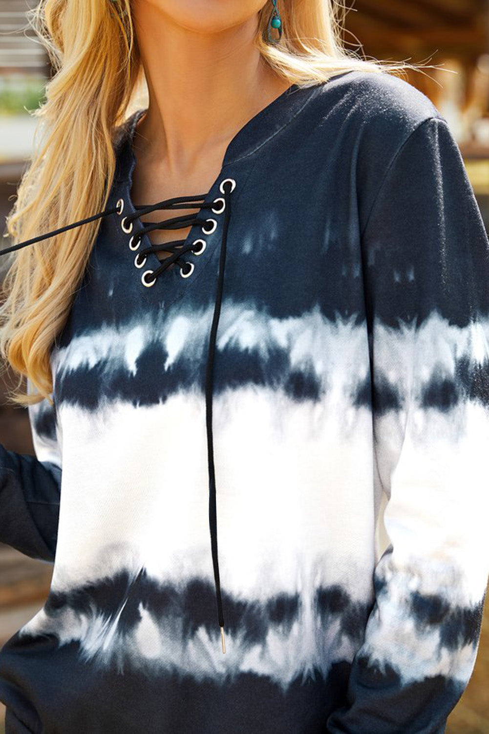 Blue Tie Dye Lace Up V-Neck Long Sleeve Top