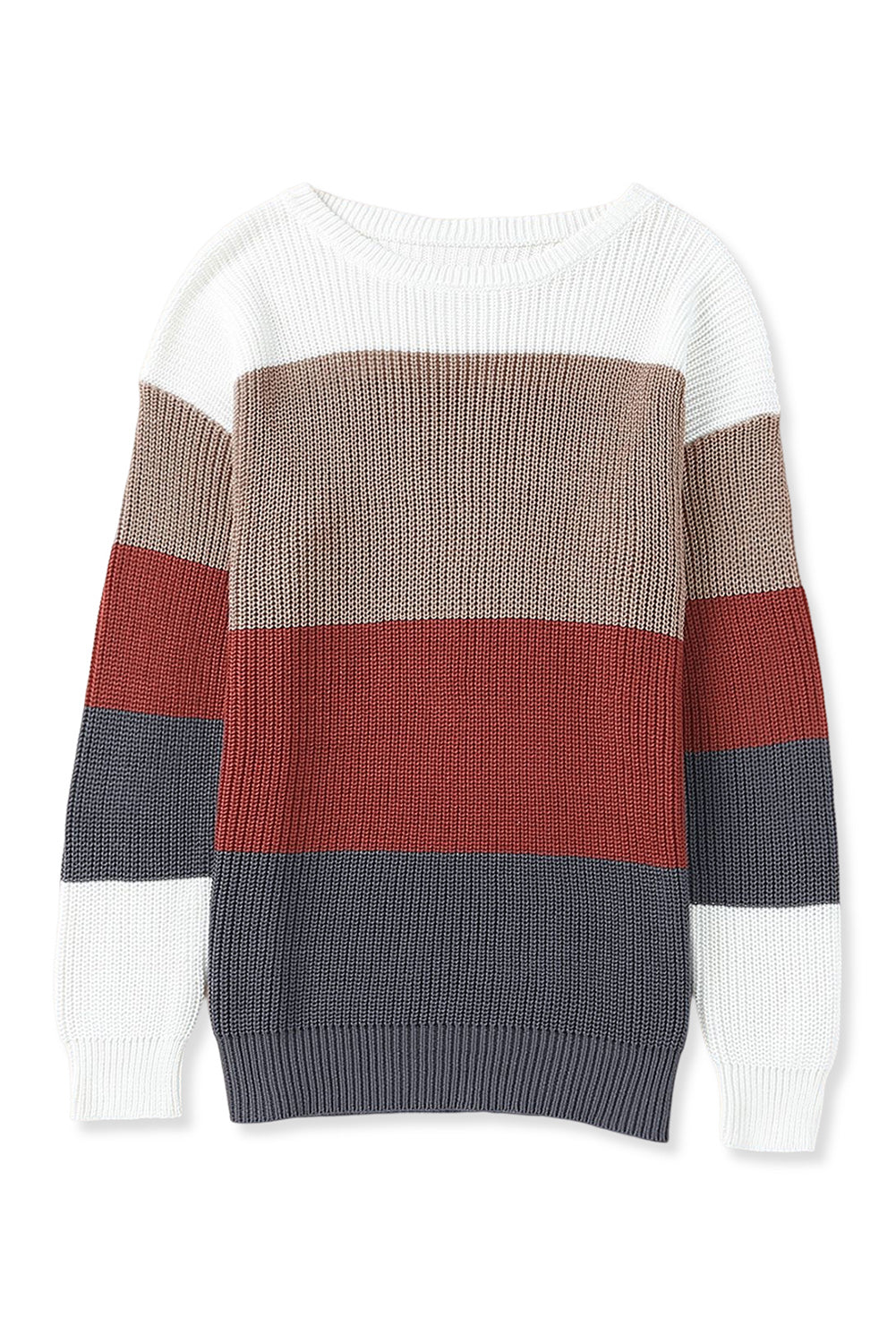 Parchment Color Block Knitted O-neck Pullover Sweater