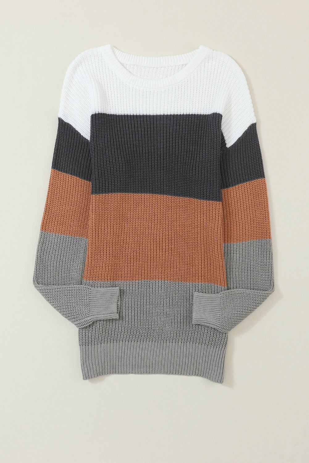 Parchment Color Block Knitted O-neck Pullover Sweater